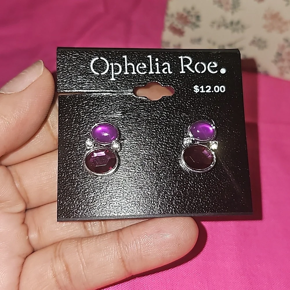 NWT Earrings From Ophelia Roe. Purple and Silver With Rhinestone